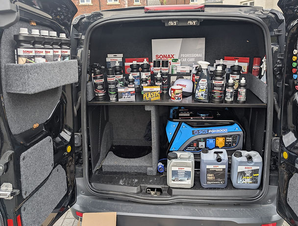 Inside look at Dazzling Details Ltd’s mobile unit, fully stocked with professional-grade Sonax supplies and equipment for delivering top-tier car care on the go.