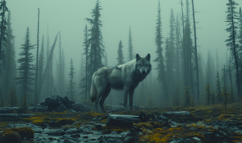  Um lobo-cinzento está em pé em uma floresta cheia de névoa, com árvores esguias e musgo no solo ao seu redor. Sua pelagem é cinzenta e se mistura com o ambiente sombrio e enevoado, criando uma sensação de mistério. A cena se passa em uma floresta temperada do hemisfério norte, onde o lobo se move em meio à névoa.