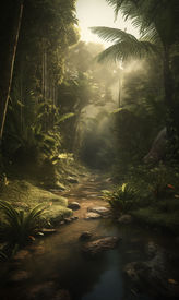 Em uma floresta tropical densa, localizada na região amazônica do Brasil, um riacho tranquilo flui entre pedras cobertas de musgo. A água corre suavemente, enquanto a luz do sol atravessa as copas densas, banhando o cenário em uma luz dourada e suave. A vegetação é abundante, com folhas verdes e plantas ao longo do riacho, criando um ambiente sereno e refrescante. O som da água corrente e a atmosfera calma oferecem uma sensação de relaxamento e paz.
