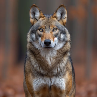 A imagem apresenta um lobo vermelho em um cenário de floresta com folhas secas no chão. O lobo está de frente, com uma postura ereta e confiante. Seus olhos amarelos penetrantes contrastam com as tonalidades suaves do ambiente. As folhas marrons e alaranjadas ao fundo complementam os tons de sua pelagem.