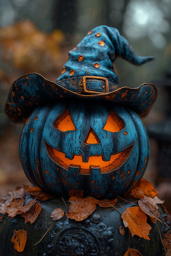 Uma abóbora esculpida, com uma expressão sorridente e luz interna brilhante, está decorada com um chapéu de bruxa em tons de azul, desgastado e detalhado com uma fivela antiga. O chapéu, cheio de detalhes texturizados e pequenos pontos de ferrugem, dá à abóbora uma personalidade única. Ela repousa sobre uma superfície decorada com folhas secas, com um fundo desfocado em tons de marrom e laranja, sugerindo um ambiente outonal e misterioso. O contraste entre o azul profundo da abóbora e o brilho quente do laranja interno acentua o ar encantador da cena.