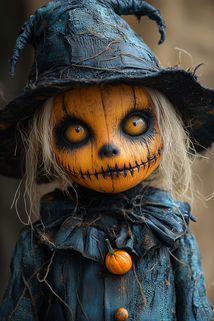 Um personagem com uma cabeça de abóbora esculpida tem olhos grandes e brilhantes, com detalhes que parecem captar a luz. Sua expressão costurada e seu chapéu de bruxa rasgado contribuem para uma aparência inquietante. Ele veste um traje azul desgastado, ornamentado com pequenas abóboras. O foco da imagem está na riqueza de detalhes do rosto e no olhar intenso, com fios de cabelo pálido escapando por baixo do chapéu. O fundo desfocado sugere um ambiente outonal, enfatizando ainda mais o caráter sombrio e misterioso da cena.
