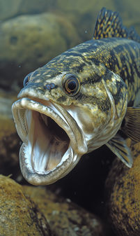 Um black bass, com a boca aberta em um gesto agressivo, nada entre as rochas submersas. Suas escamas em tons de verde e dourado brilham nas águas escuras, destacando-se como um predador imponente das águas doces da América do Norte.