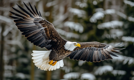 Uma Águia-careca em pleno voo, exibindo suas asas largas e poderosas. Sua cabeça branca e bico amarelo contrastam com a plumagem escura, enquanto ela sobrevoa um cenário nevado. Esta ave é o símbolo da liberdade na América do Norte.