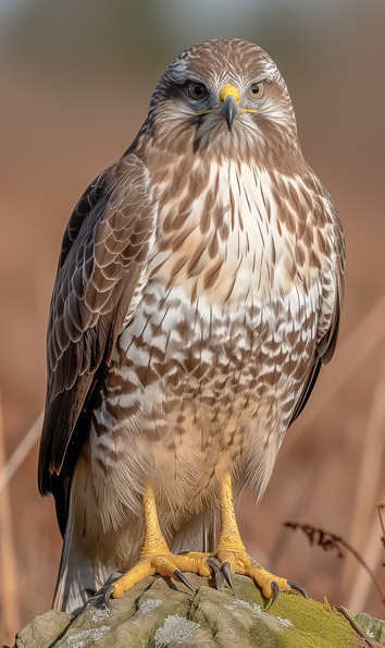 Uma águia-de-pernas-largas repousa sobre uma rocha, exibindo suas impressionantes garras amarelas e afiadas. Suas penas são uma combinação de tons marrons e brancos, perfeitamente adaptadas ao ambiente árido ao seu redor. Seu olhar firme e penetrante capta a luz suave do ambiente, enquanto o fundo desfocado destaca a figura poderosa da águia. Nativa das vastas regiões da Europa Oriental e da Ásia Central, ela representa a força e a serenidade em meio à natureza selvagem.