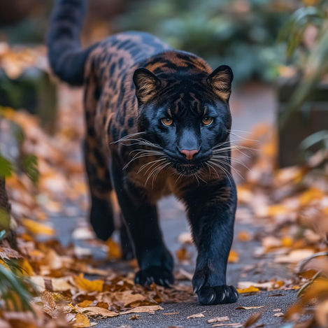 Imagem de uma pantera negra caminhando em meio a folhas caídas, com olhar determinado e pelagem escura que se funde com o ambiente ao redor.