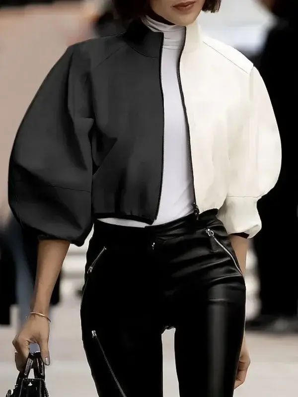 縮圖：Women Fashion Patchwork Stand Collar Jackets 2025 New Spring Autumn Puff Sleeves