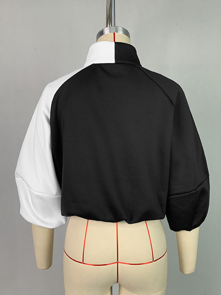 サムネイル： Women Fashion Patchwork Stand Collar Jackets 2025 New Spring Autumn Puff Sleeves