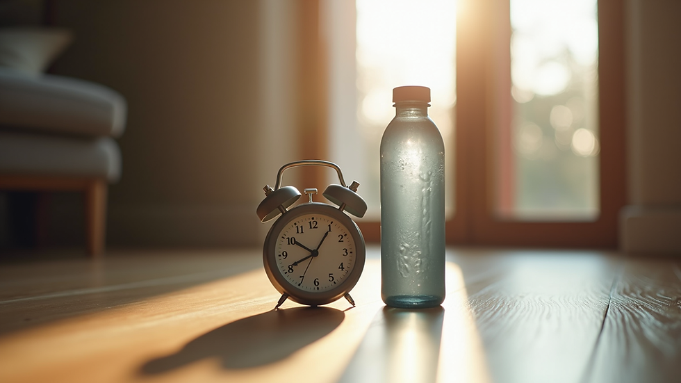 Close-up view of a timer and a water bottle on a wooden floor ready for home workout
