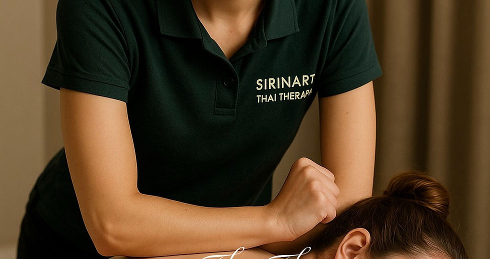 Sirinart’s therapist carefully applies massage techniques to the back muscles.