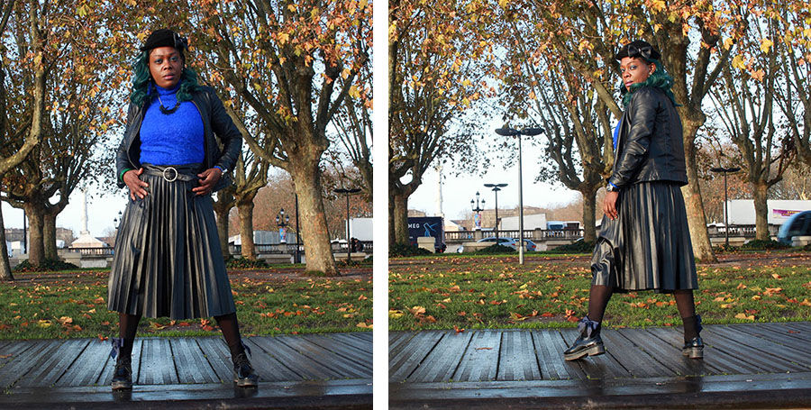 Sur mon blog iamdianeniangoran, je présente mon look de la semaine avec la jupe plissée en simili-cuir ; photo prise sur le quai chartrons de bordeaux.