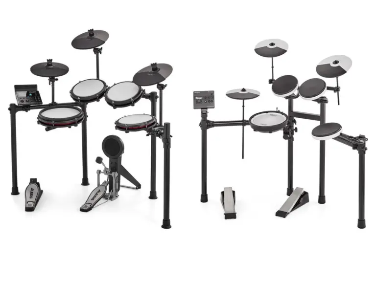 Two electronic drum kits on a white background, featuring black and white pads, cymbals, and control modules. Silent, modern design.