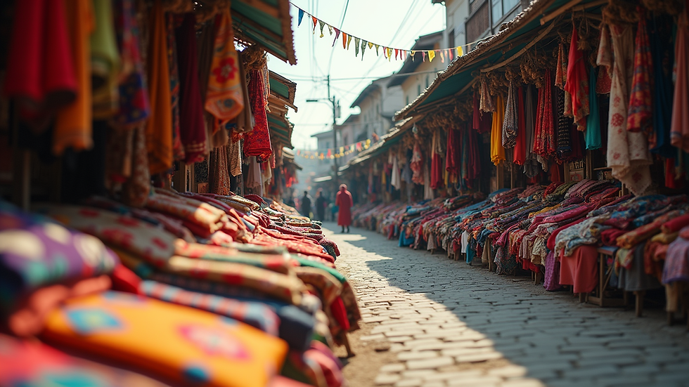 Eye-level view of a vibrant street market filled with colorful textiles