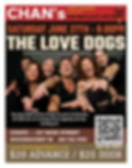 Concert flyer for The Love Dogs at Chan's Egg Rolls Jazz and Blues on June 27, 2026
