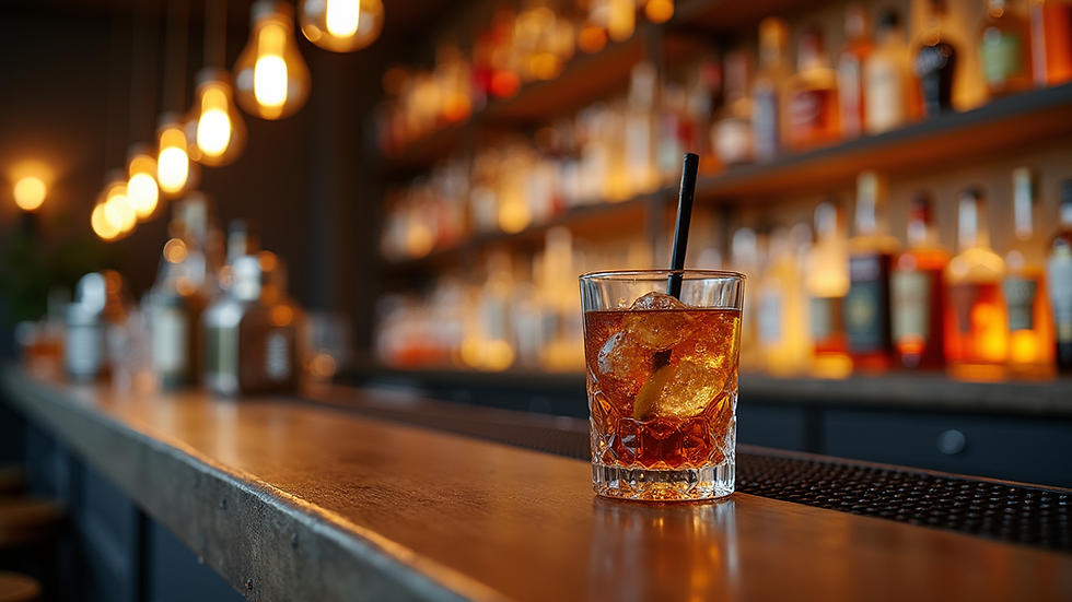 Eye-level view of a bar counter with various alcoholic beverages
