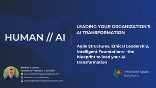 Leading Your Organization’s AI Transformation’ highlighting Agile Structures, Ethical Leadership, and Intelligent DevOps as core pillars.