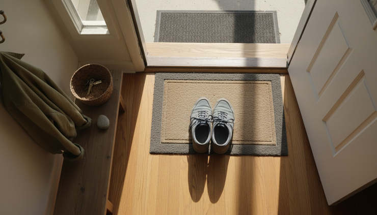 Overhead view of walking shoes beside a front door with morning light on the floor.