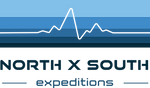 NorthxSouth Expeditions Official Color Logo. A white line running through a blue gradient, resembling a heartbeat and mountains at the same time. 