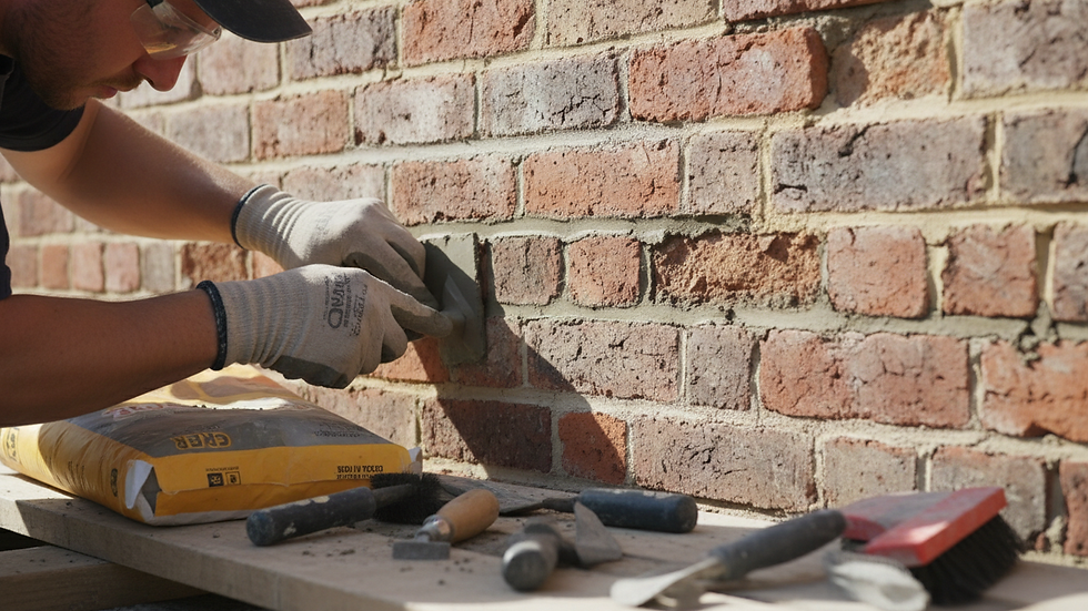 Eye-level view of a repointing specialist applying mortar to a brick wall