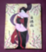 Peinture réaliser par une artiste débutante. Geisha sur fond jaune. Peinture enfant