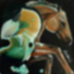 Petit tableau représentant un cheval sur fond noir. Peinture smi-abstraite couleurs vert, or et blanc