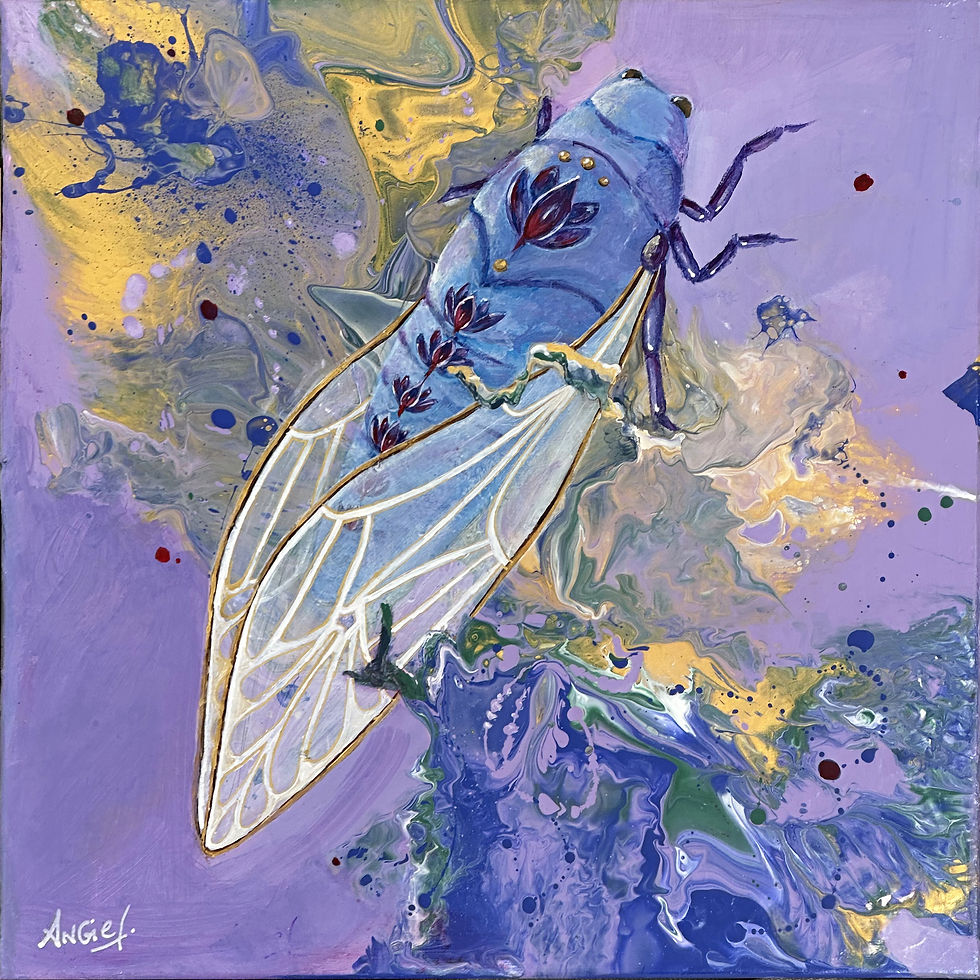 Peinture originale cigale en Provence 50x50 cm, acrylique sur toile, fond lavande et touches dorées, art contemporain symbolique par Angie F.