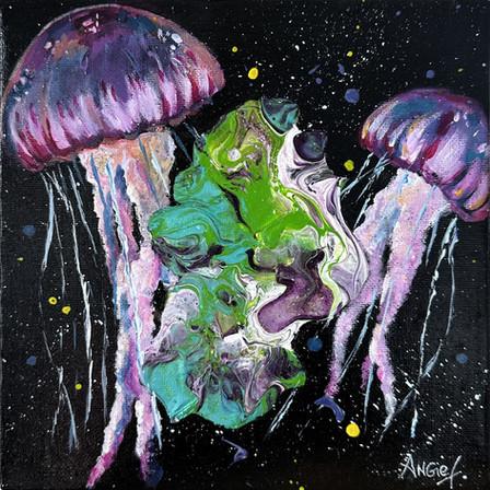 Tableau de vie sous-marine représentant deux méduses luminescentes aux tentacules translucides sur fond noir profond