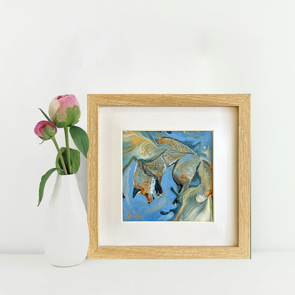 Mini tableau renard encadré bois clair en décoration murale avec fleurs - Œuvre contemporaine - Ambiance douce et naturel