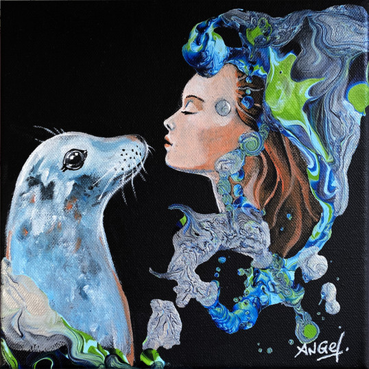 Tableau monde aquatique illustrant la légende celtique Selkie avec une femme et un phoque sur la côte