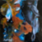 Petit tableau 10x10 cm. Peinture cheval fond noir, pouring or,bleu, blanc semi-abstrait