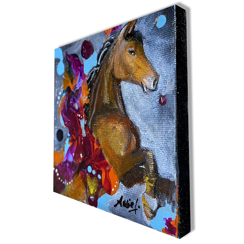 Miniature : Petit tableau de cheval vue de profil, sur fond de nuance de gris et de la peinture pouring pour réaliser la partie abstraite