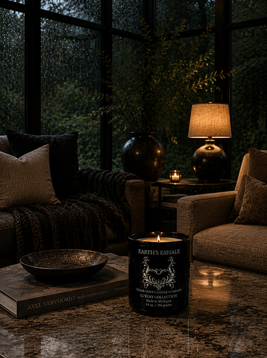 Luxury black candle glowing on dark marble table inside a rain-soaked four-seasons room at