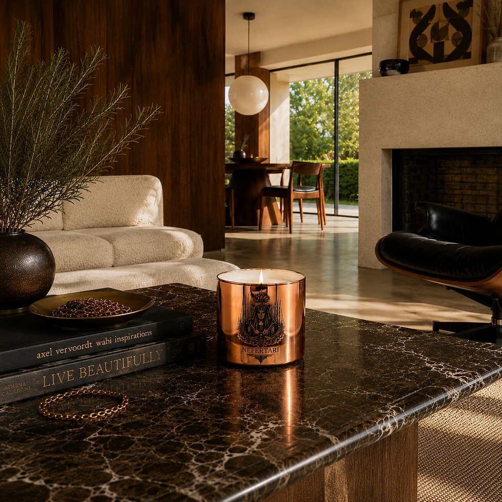 Thumbnail: Nefertari Fragrance 001 luxury candle in shadowed architectural evening interior The Pantheon Cedar Cove Candle Company
