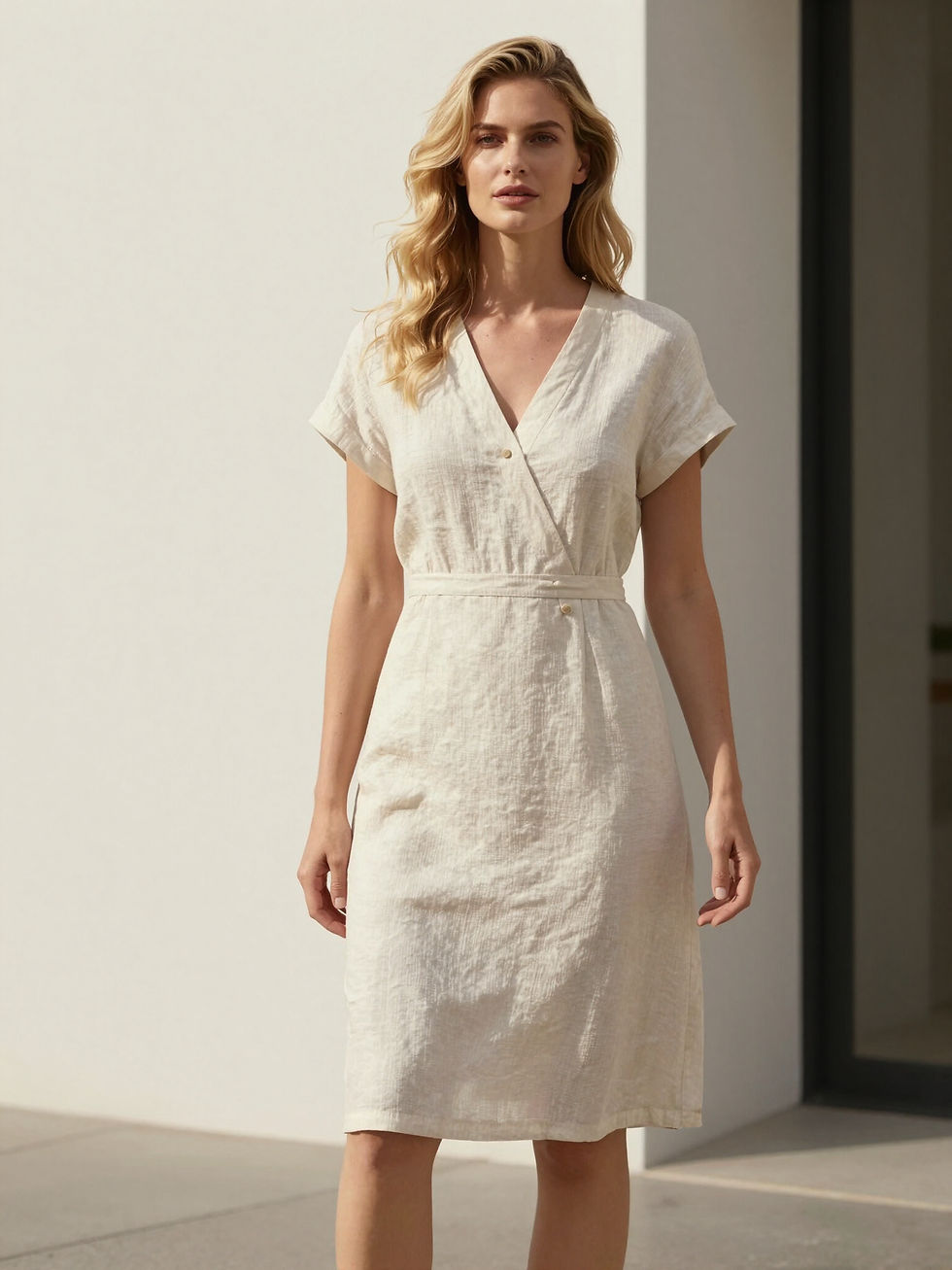 Woman in a white linen dress for Summer Fashion London 2026.