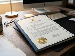 Granted patent on an office desk, representing the cost of a patent application prepared by the Law Office of Sean Christian Connolly, an Austin Texas intellectual property and patent attorney firm.