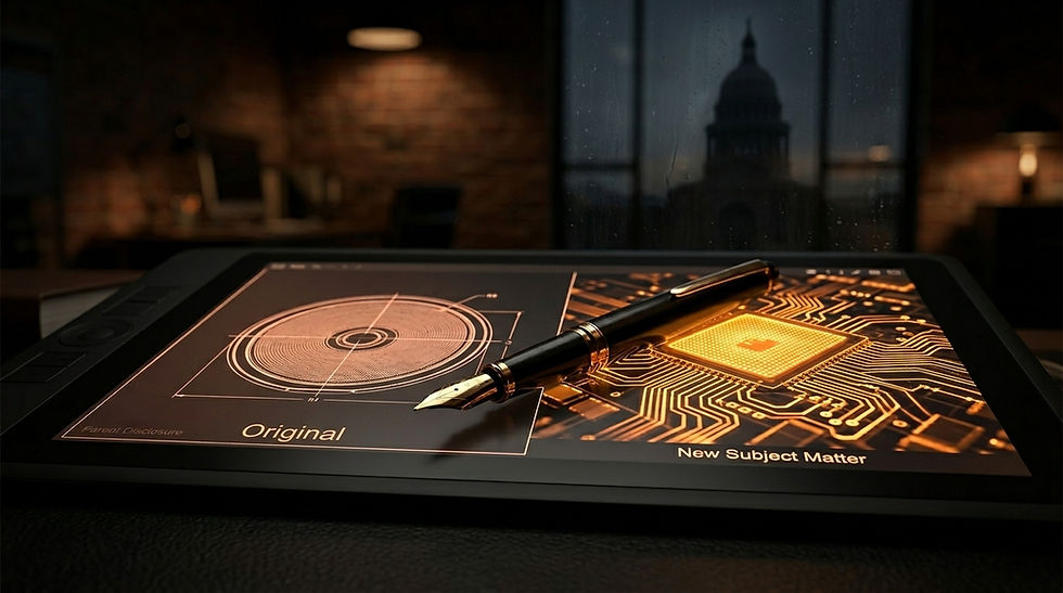 A tablet showing the original subject matter from an original patent application and new subject matter for a continuation-in-part or CIP patent application prepared by the Law Office of Sean Christian Connolly, an Austin Texas patent attorney firm.