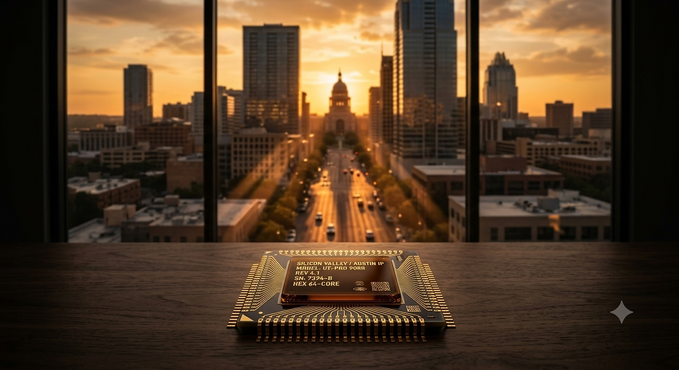 A premium dark metallic microchip processor with intricate gold circuit leads on a desk overlooking Congress Avenue and the Texas State Capitol building at golden hour, representing integrated circuit architecture patents provided by Sean Christian Connolly, an Austin Texas patent attorney with over seven years of experience as a semiconductor process engineer specializing in laser lithography.
