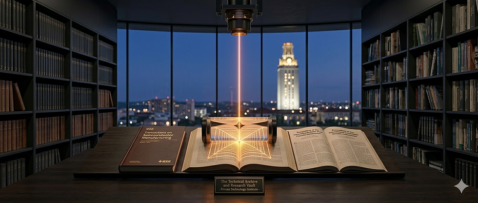A laser passing through a lens and projecting a pattern on an open book with a plaque in the foreground showing The Technical Archive and Research Vault and the tower of the University of Texas at Austin in the background, representing how the engineering background of Sean Christian Connolly, an Austin Texas patent attorney, strengthens patent invalidity analysis.