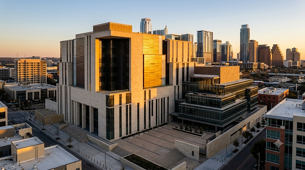 The modern federal court complex architecture at golden hour in downtown Austin Texas, representing specialized Inter Partes Review (IPR) support services by the Law Office of Sean Christian Connolly, an Austin Texas intellectual property and patent attorney firm.