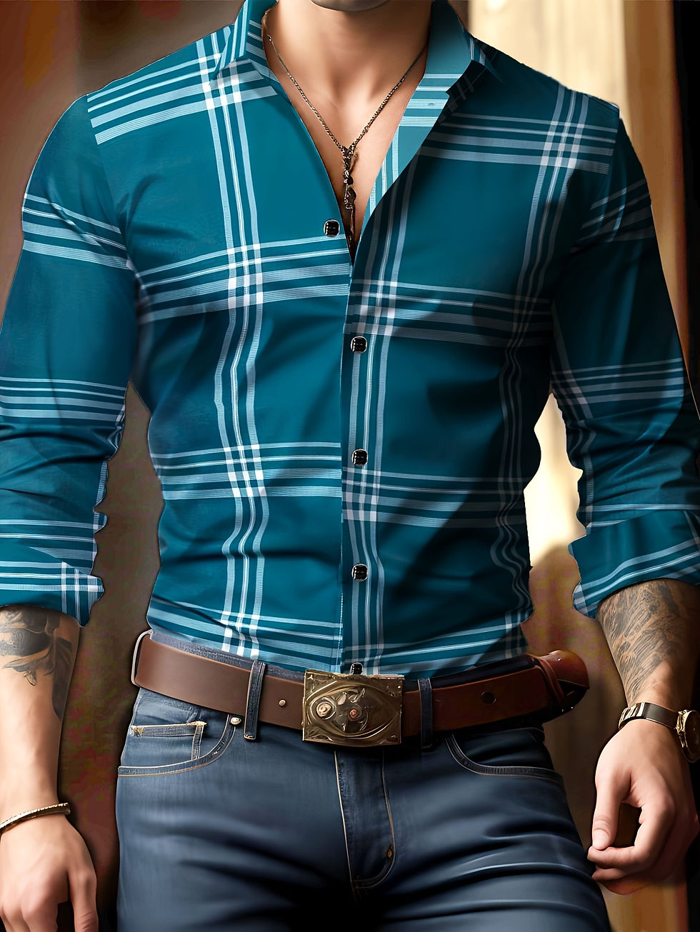 Miniatura: Camisa masculina de manga comprida com estampa 3D e linhas ópticas.