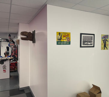 white corner walls with different bold decorations on the walls including a dinosaur head