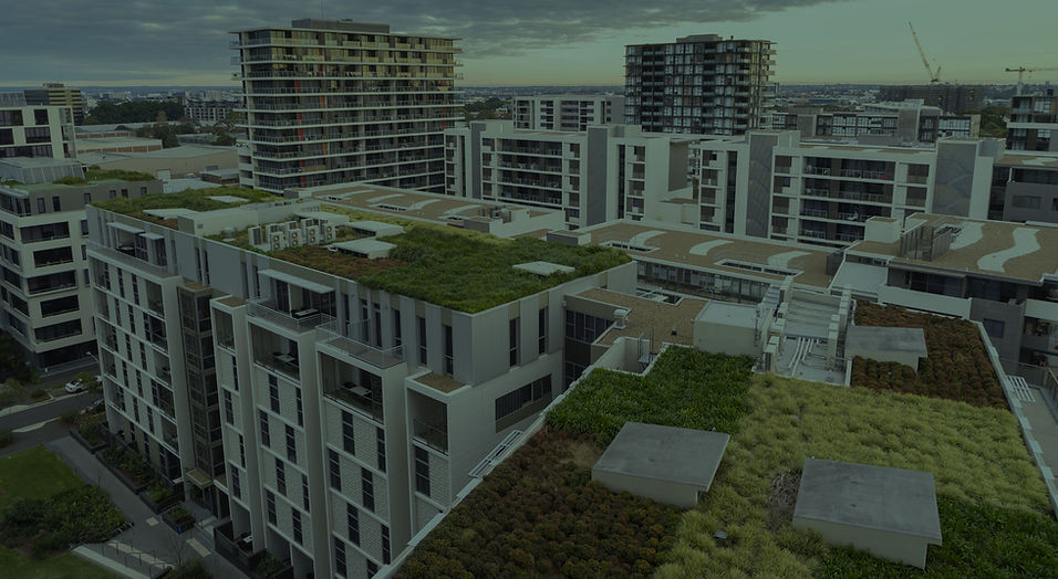 view over several buildings with green roofs