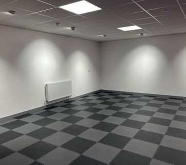Refurbished while walled room, new ceiling tiles and lights and chequered dark and light grey flooring