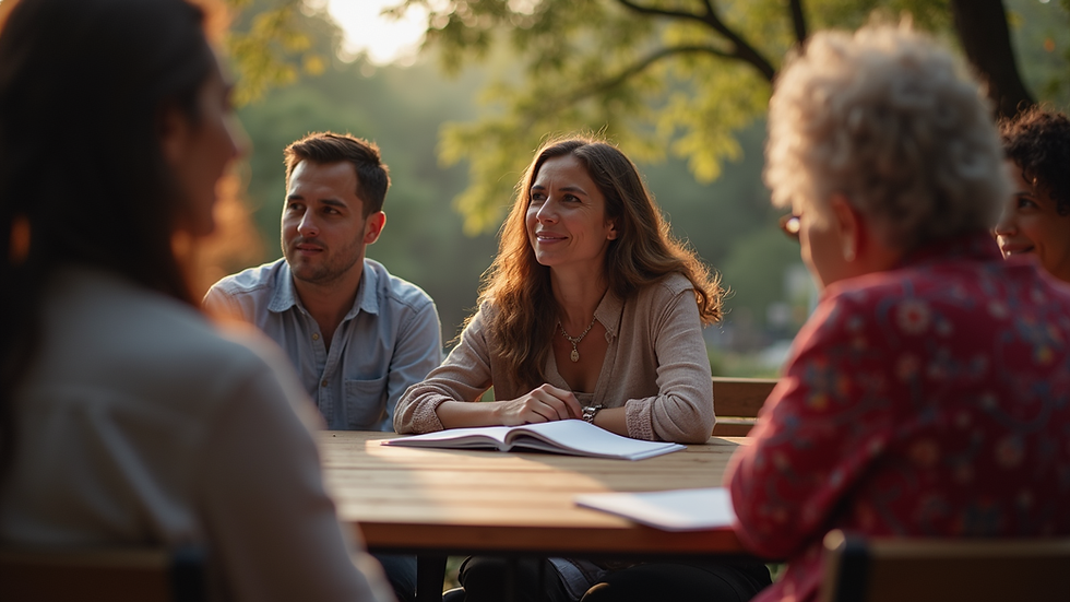 Eye-level view of a community gathering with people sharing stories