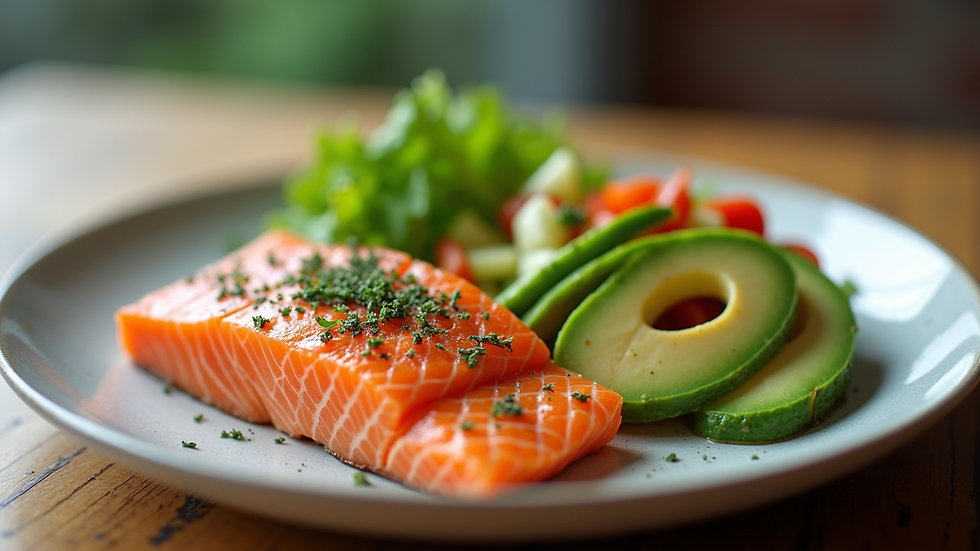 Eye-level view of a plate with salmon, avocado, and mixed vegetables