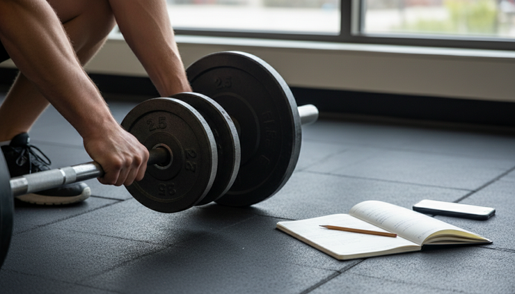 Close-up view of hands adjusting weight plates on a barbell.