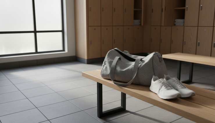 Eye-level view of a gym bag beside a pair of running shoes.