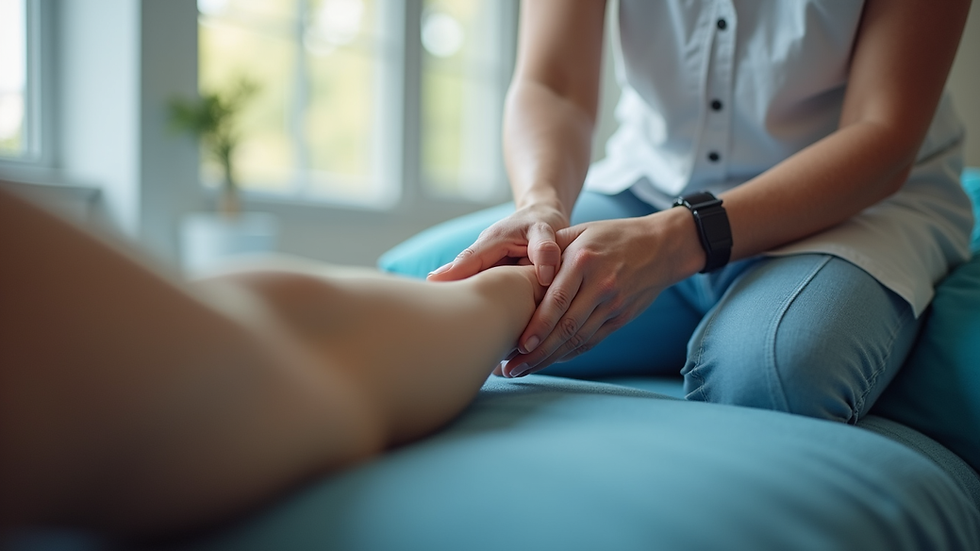 Close-up view of a physiotherapist guiding a patient through leg exercises