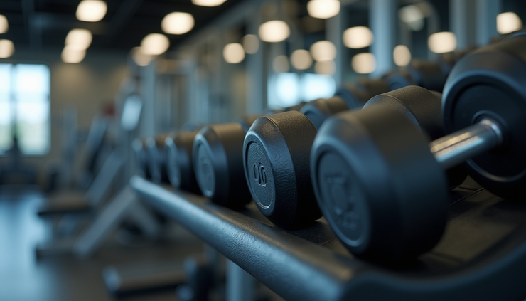 Close-up view of gym equipment with weights and machines ready for use