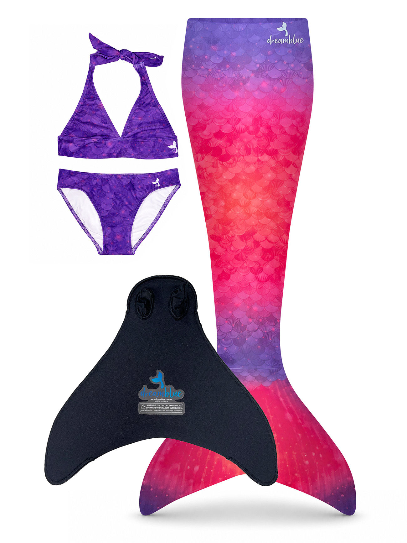 Kids Mermaid Tail Set with Monofin & Triangle Bikini Set - Kalira Pink